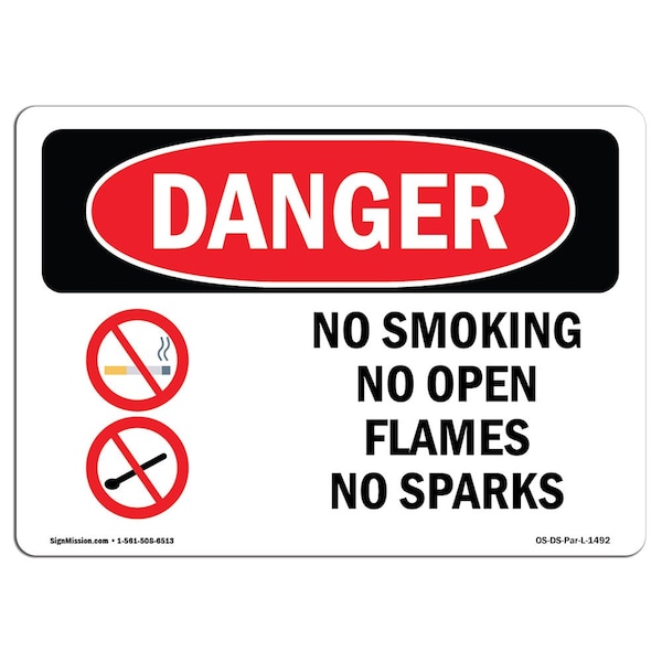 OSHA Sign, No Smoking No Open Flames No Sparks, 5in X 3.5in, 10PK, 3.5" W, 5" L, Landscape, PK10